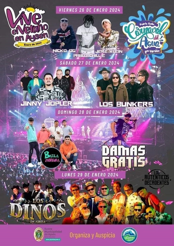 Aysén: “Auténticos Decadentes”, “Los Dinos de Chile”, “Nicko og” y “Jere Klein” se suman al “Carnaval del Agua”