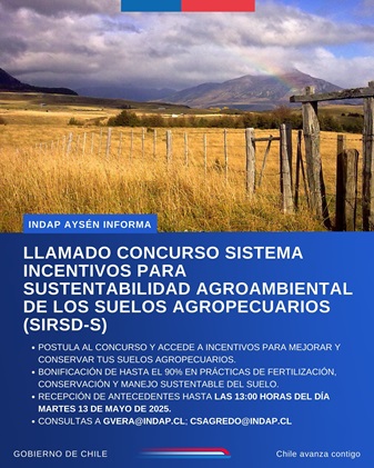 INDAP AYSÉN PUBLICA APERTURA DEL CONCURSO SISTEMA DE INCENTIVOS PARA LA SUSTENTABILIDAD AGROAMBIENTAL DE LOS SUELOS AGROPECUARIOS (SIRSD-S)